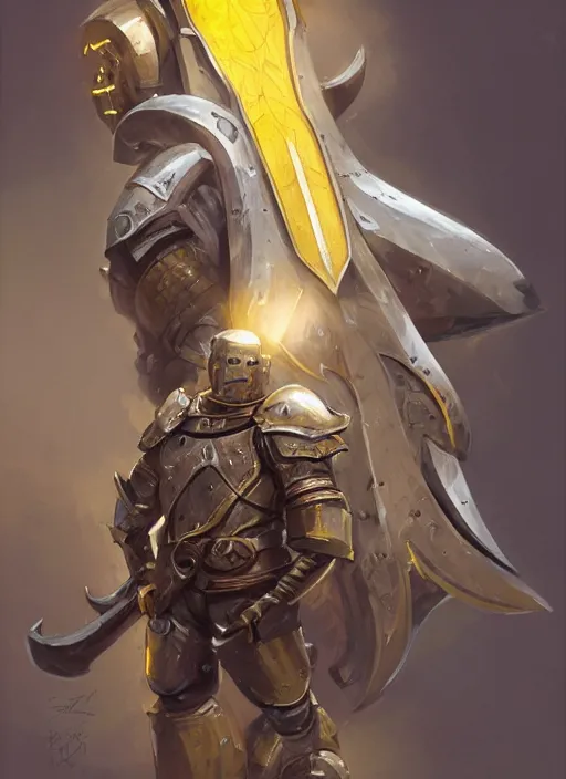 Image similar to dynamic portrait of a cyclopean warforged character in yellow armor holding a paladin engraved longsword and carrying a big shield, epic , trending on ArtStation, cinematic lighting, by Greg Rutkowski and Jesper Ejsing