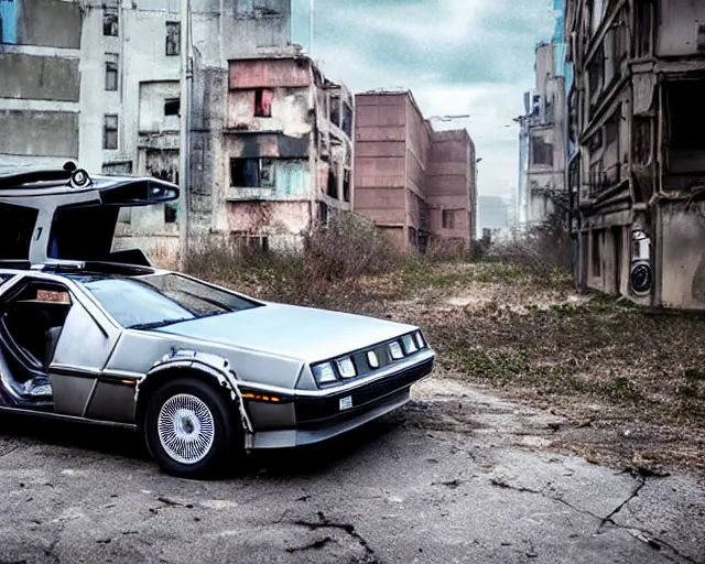 Prompt: doc brown and the delorean in an abandoned city, ghost in the shell vibes