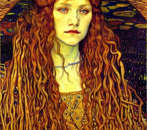 Image similar to detailed realistic beautiful young medieval queen face portrait by jean delville, gustav klimt and vincent van gogh, art nouveau, symbolist, visionary, gothic, pre - raphaelite, muted earthy colors, desaturated