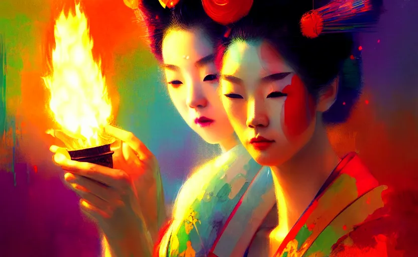 Image similar to female geisha girl holding a flame of rainbow, beautiful face, colourful, rule of thirds, thousands of colors, intricate outfit, spotlight, by greg rutkowski, by jeremy mann, digital painting