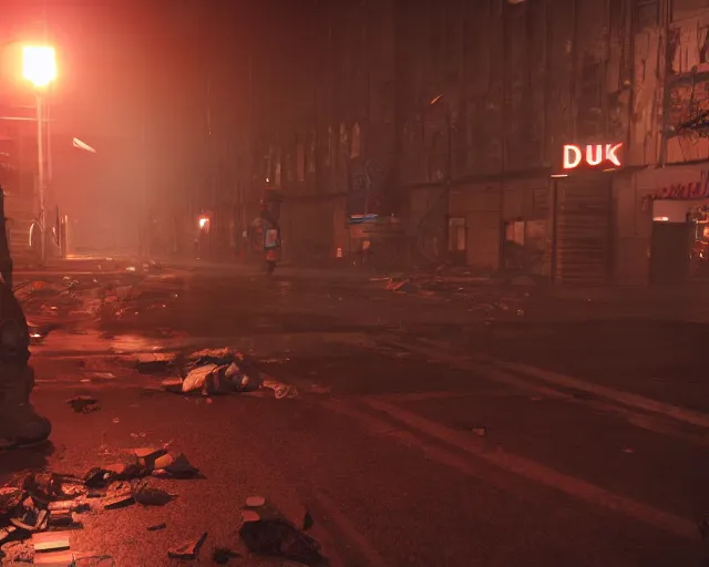 Prompt: duke nukem battling his way through a destroyed la, night, ran, pigsoldiers, rendered in cryengine, volumetric lighting, rtx on