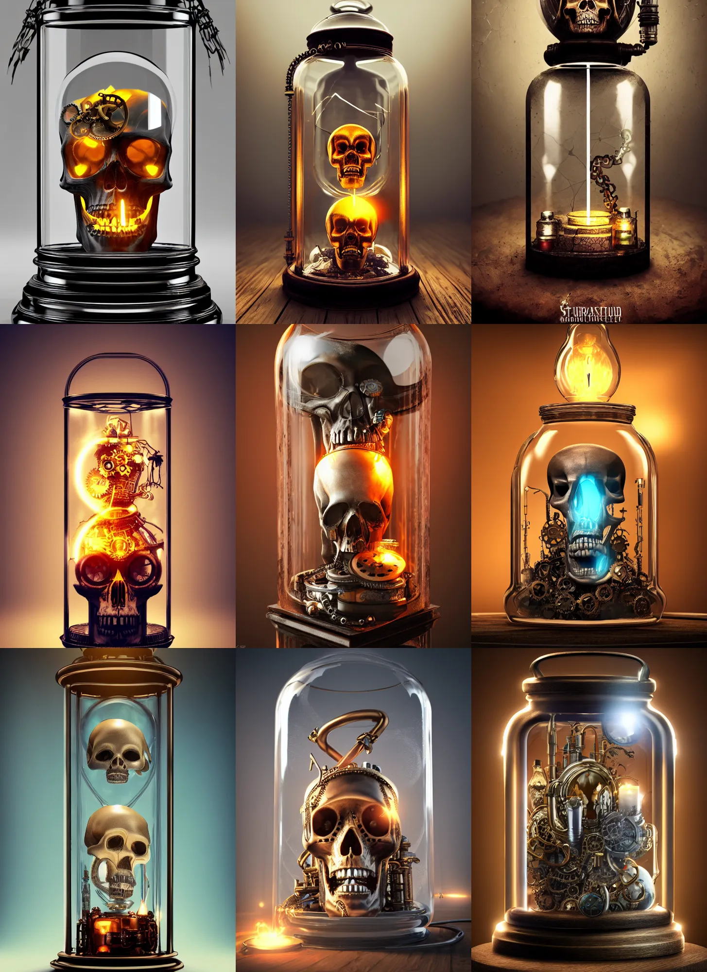 Prompt: steampunk skull inside a glass jar, hourglass, lightning, intricate detail, volumetric lighting, epic composition, hyper detailed, ultra realistic, sharp focus, octane render, candle, volumetric, ray tracing, artstation trending, cgsociety, sense of awe, swirling mist, 4 k