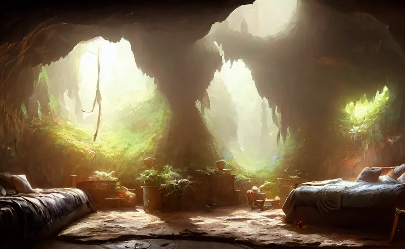 Image similar to painting of an interior of a cozy bedroom in a cave, natural light, fantasy, lush plants and flowers, natural light, concept art, by greg rutkowski and craig mullins, cozy atmospheric and cinematic lighting, trending on artstation