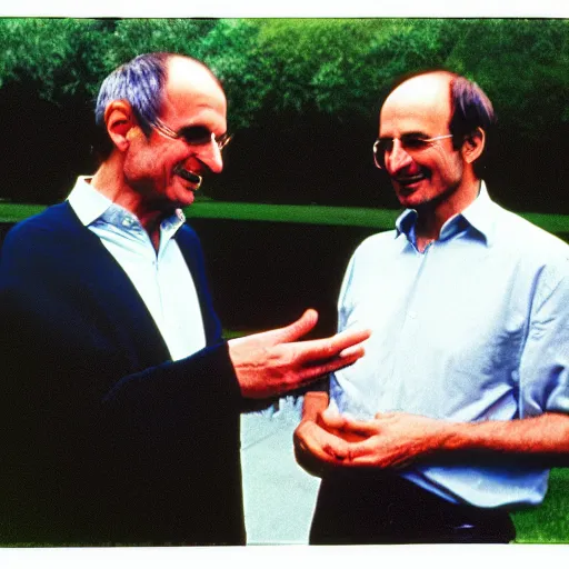 Image similar to photograph douglas adams discussing happier times with steve jobs on campus 1 9 8 8, healthy, douglas adams, in thomas ruff style, 3 5 mm ektachrome