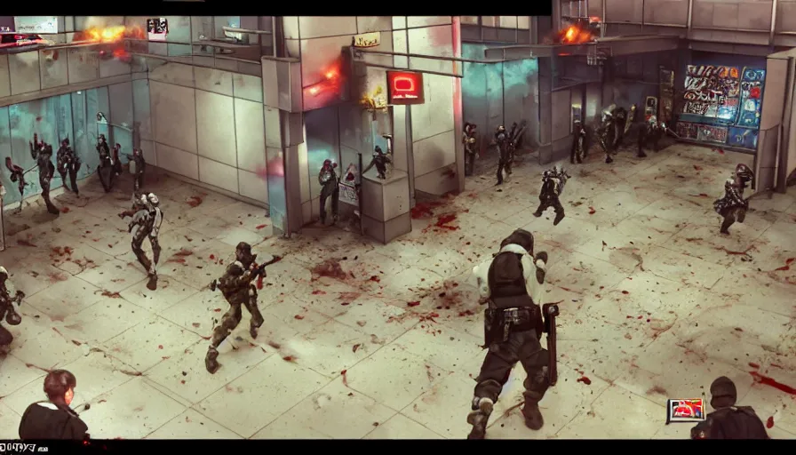 Prompt: 1994 Video Game Screenshot, Anime Neo-tokyo Cyborg bank robbers vs police, Set inside of the Bank Lobby, Multiplayer set-piece in bank lobby, Tactical Squad :9, Police officers under heavy fire, Police Calling for back up, Bullet Holes and Realistic Blood Splatter, :6 Gas Grenades, Riot Shields, Large Caliber Sniper Fire, Chaos, Anime Cyberpunk, Ghost in The shell Bullet VFX, Machine Gun Fire, Violent Gun Action, Shootout, :7 Inspired by Escape From Tarkov + Intruder + Akira + Guilty Gear Xrd :9 by Katsuhiro Otomo: 19