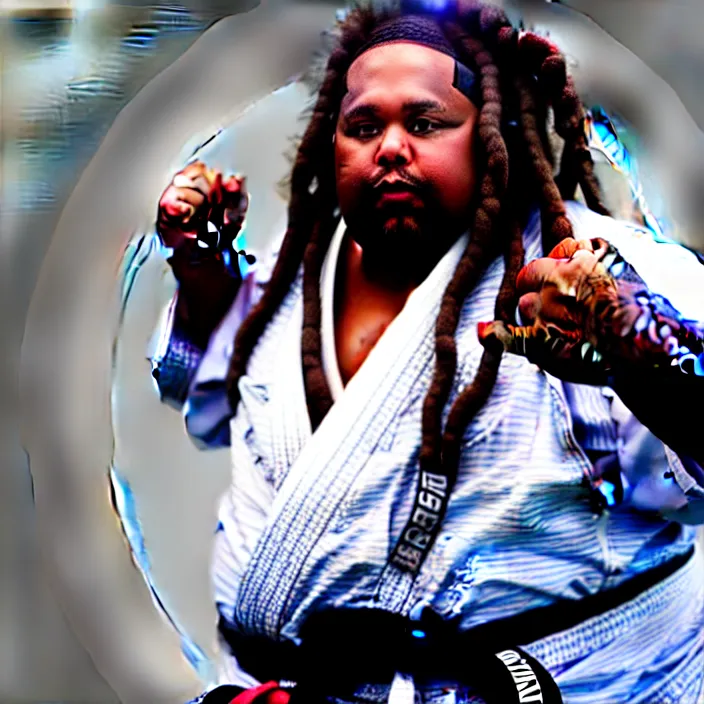 Image similar to photo of an overweight black man with dreads wearing a gi, doing martial arts, 4 k