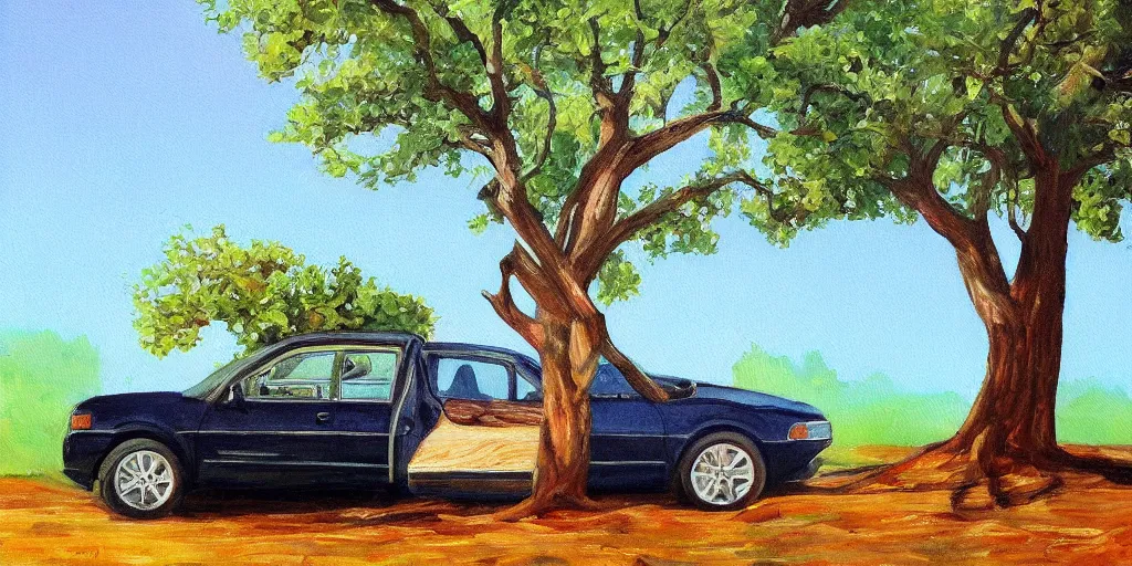 Image similar to painting of a tree coming out of a car