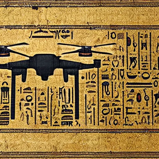 Image similar to Egyptian hieroglyphic schematic of a DJI Mavic Mini 2 drone, on papyrus