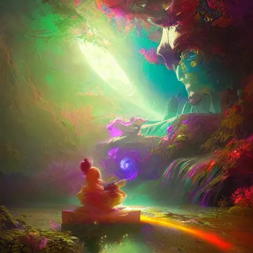 Image similar to a psychedelic realm where astral beings share love greg rutkowski wlop lisa frank bob ross ruan jia illustration