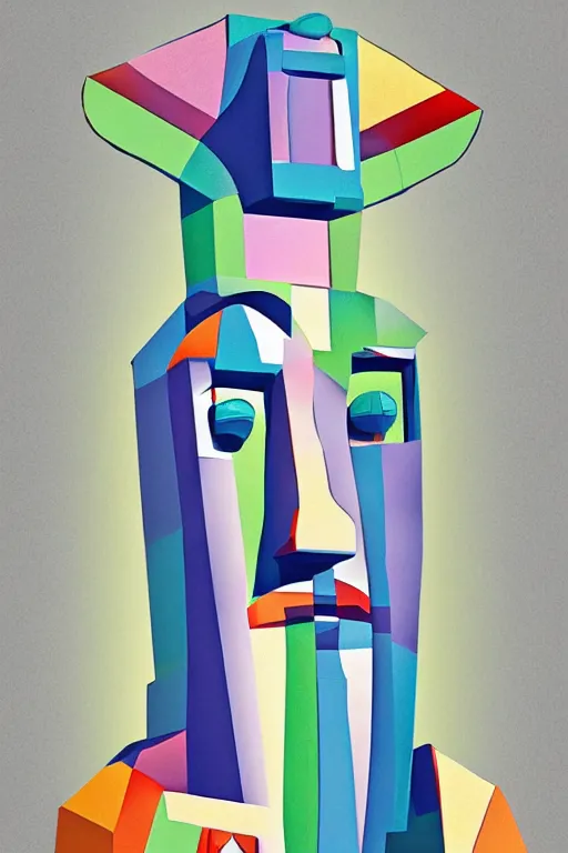 Image similar to cubist moai statue cutout digital illustration cartoon colorful beeple