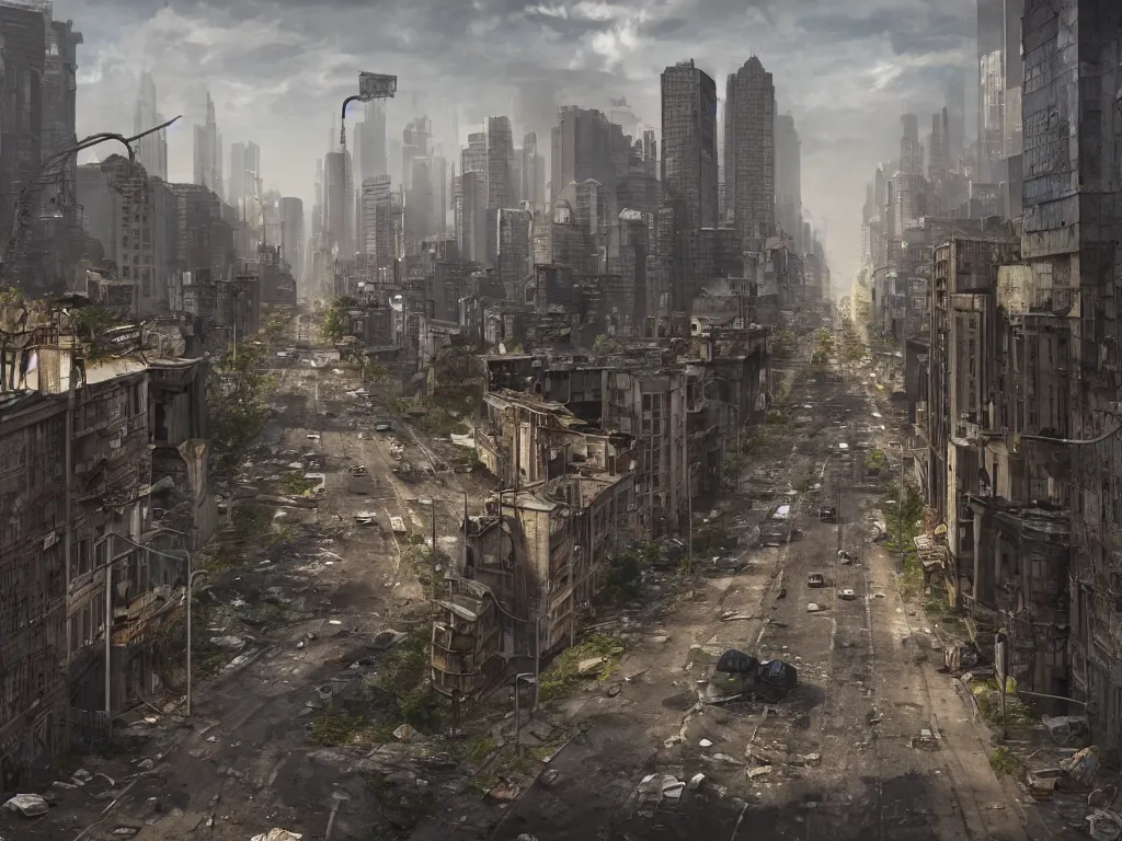 Image similar to A matte painting of a realistic abandoned urban city,featured on ArtStation, realistic colors,Super wide angle,viewed from afar,Daytime,Flat roads,Geometrically realistic,Street signs,traffic lights, trash on the street, broken windows