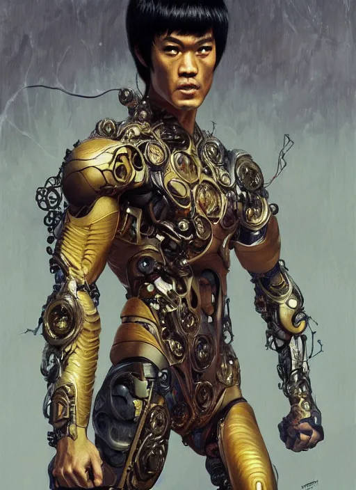 Image similar to bruce lee as a organic cyborg, diffuse lighting, fantasy, intricate, elegant, highly detailed, lifelike, photorealistic, digital painting, artstation, illustration, concept art, smooth, sharp focus, art by john collier and albert aublet and krenz cushart and artem demura and alphonse mucha