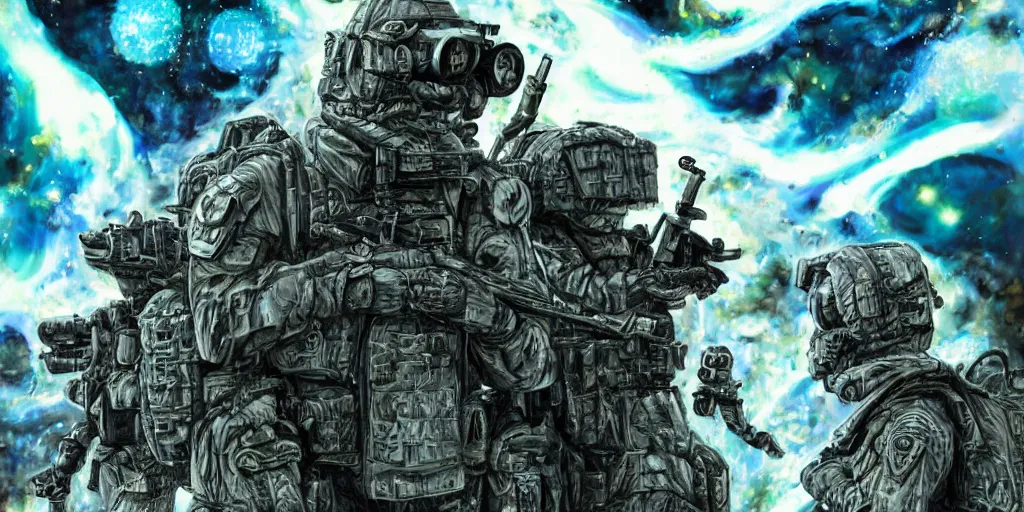 Prompt: military sci fi muppet special forces soldiers,inks,octane render photorealistic, blue,gold,white,black octane render, insanely detailed, realistic, + psychedelic, cosmic energy by Kelly McKernan, yoshitaka Amano, hiroshi yoshida, moebius, loish, artgerm, happy,joyful, painterly, symmetrical and detailed hyperdetailed 8k, moebius,steven wiltshire, , hyper detailed,high contrast,vivid psychedelic colors,, Neon Genesis Evangelion, mathematics and geometry, loony toons, saturated, sun rays + Laurie Greasley + Katsuhiro Otomo, Craig Mullins, 8k, octane render, trending on artstation, hyper detailed,