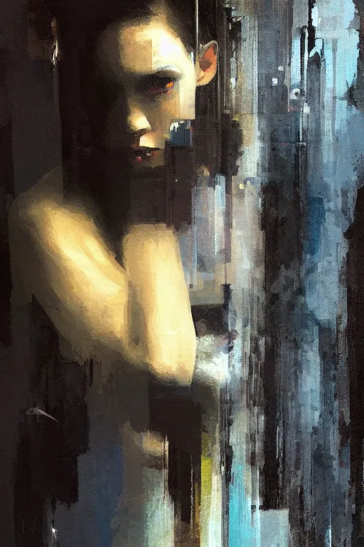 Image similar to a beautiful glitched painting by christian hook of a woman in a bathroom, brushstrokes by jeremy mann, still life, dark colors