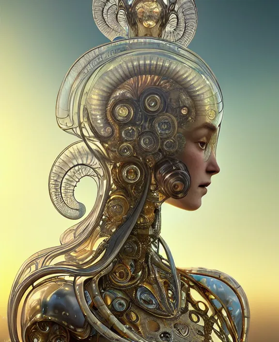 Image similar to intricate ornate opulent transparent clear see - through portrait of a robot beautiful alien nautilus, mottled coloring, adorable, childlike, pastoral environment, ultra realistic, concept art, art nouveau, photorealistic, octane render, 8 k, unreal engine. art by christopher marley and artgerm and greg rutkowski and alphonse mucha