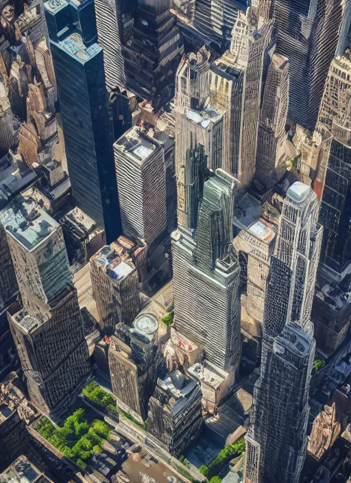 Image similar to aerial view of a giant fish tank shaped like a tower in the middle of new york city, 8k octane render, photorealistic