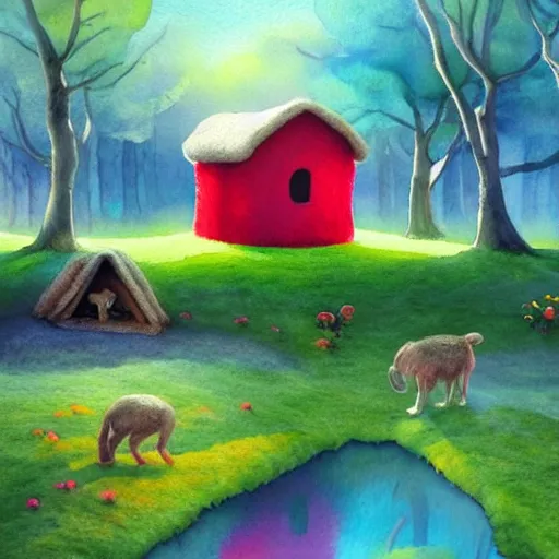 Image similar to a watercolor art in shape of wool felting small wooden house in the middle of spring forest, bright colours, children illustration, 4 k, matte painting, by rhads