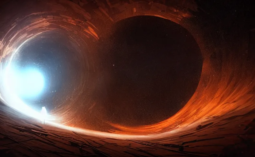 Prompt: a glowing light at the end of the worm hole in space, epic scene, extremely detailed masterpiece, extremely moody lighting, glowing light and shadow, atmospheric, shadowy, cinematic