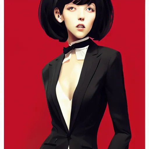 Image similar to slim girl in tuxedo with short black hair, elegant, 2d, ultra highly detailed, digital painting, smooth, sharp focus, artstation, art by Ilya Kuvshinov