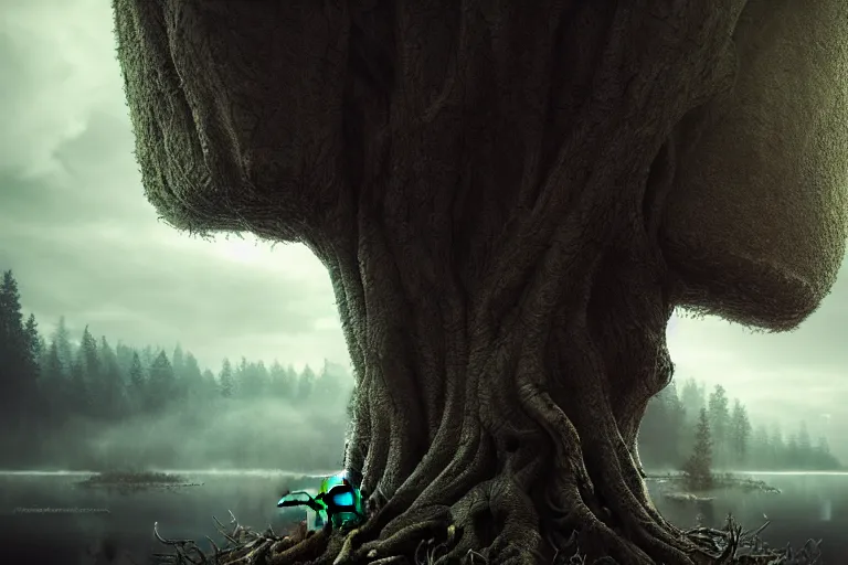 Image similar to an ultra realistic, cinematic headshot portrait, of an evil tree wizard, background of a vast serene landscape, with trees and rivers, detailed, deep focus, movie still, dramatic lighting, ray tracing, by michal karcz and yoshitaka amano