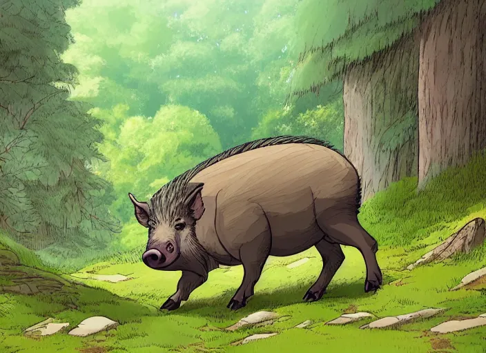 Prompt: a majestic boar in a mythical forest next to a pathway, by ghibli and miyasaki, flat, 2 d, illustration, great composition