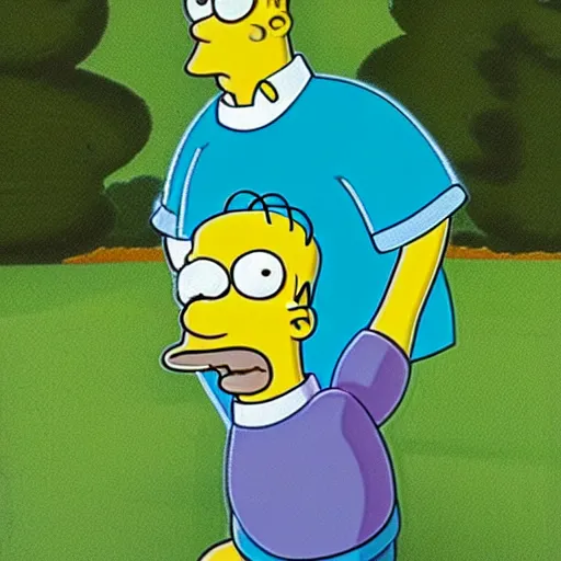 Prompt: homer simpson wearing tennis shoes and a brand new teal t - shirt with purple hair in a garden, realistic