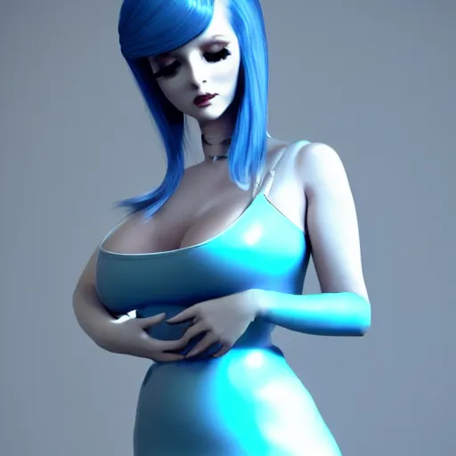 Image similar to an elegant curvy feminine pale goth cutie wearing an elaborate tight latex-nylon-leather white gown with cyan highlights, thin waist, tube-top dress, cgsociety, photorealistic, 16k, smooth, sharp focus, trending on ArtStation, volumetric lighting, worksafe, sublime-comforting-intriuging ambience