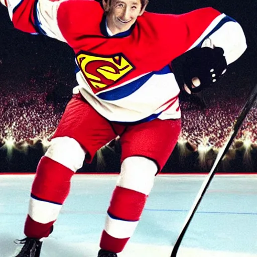 Prompt: Photo of Wayne Gretzky as a super hero, flying and holding a hockey stick in his hand, smiling, hyper realistic