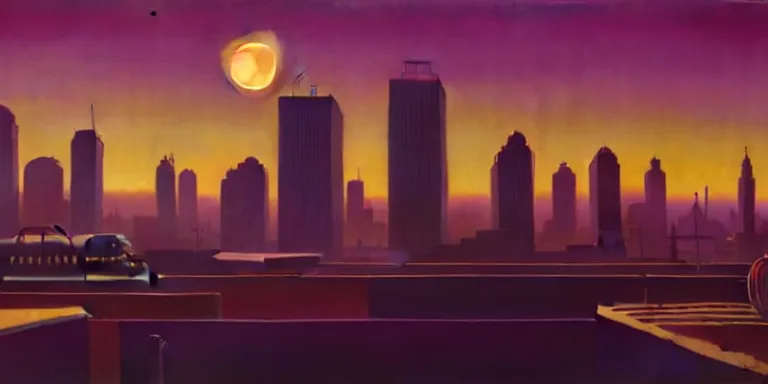 Image similar to an immaculate isometric cinematic keyframe matte painting of a sleek 1 9 7 0 s vaporwave rust belt city at dusk with an oversized moon. by eric lafforgue, glennray tutor and edward hopper, greg rutkowski. trending on artstation.