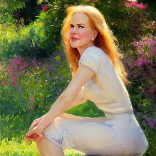 Image similar to closeup portrait of nicole kidman full figure in the garden, morning, highly detailed, ultrarealistic oil painting, vladimir volegov, artstation