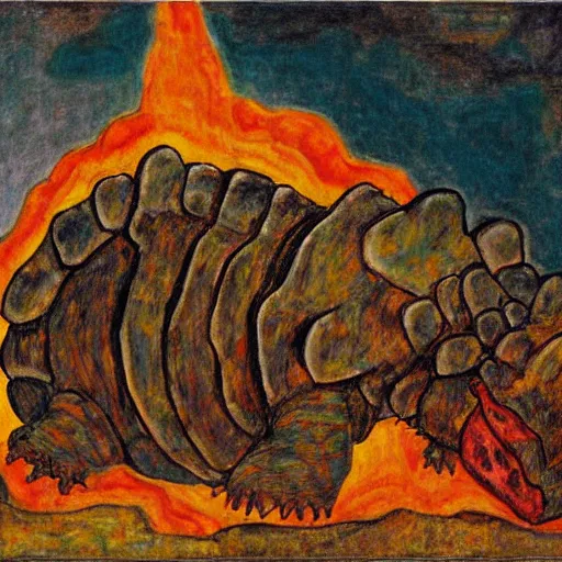 Image similar to painting of an ankylosaurus watching an erupting volcano in the style of egon schiele