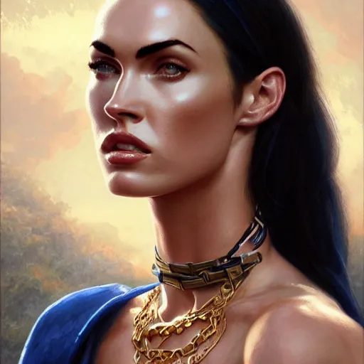 Image similar to portrait of megan fox, muscular upper body, slave collar, greek, jewelry, blue dress, fantasy, intricate, elegant, highly detailed, digital painting, artstation, concept art, matte, sharp focus, illustration, art by aenaluck and roberto ferri and greg rutkowski, epic fantasy, digital painting