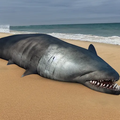 Prompt: A realistic photo of a giant dead Megalodon on the beach