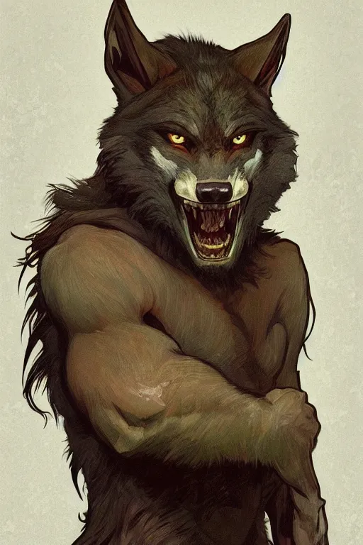 Image similar to fullbody portrait of a male werewolf, bared teeth, long claws, by greg rutkowski and alphonse mucha, gradient brown to silver, in front of a forest at night background, highly detailed portrait, digital painting, artstation, concept art, smooth, sharp focus illustration