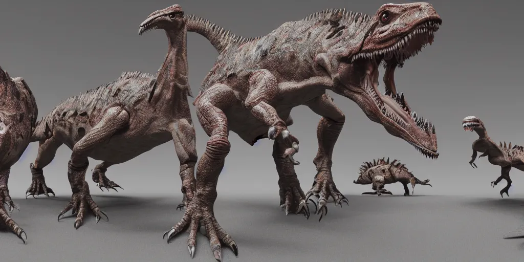 Image similar to extremely detailed award winning 3D octane render of cyborg dinosaurs in a lab