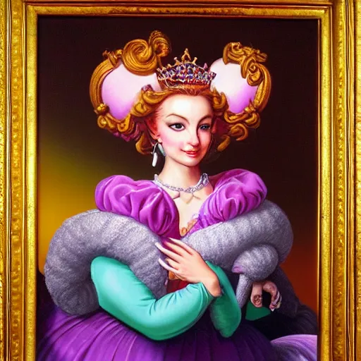 Prompt: baroque rococo pastel anthromorphic regal queen lamb Greg Hildebrandt Lisa frank portrait