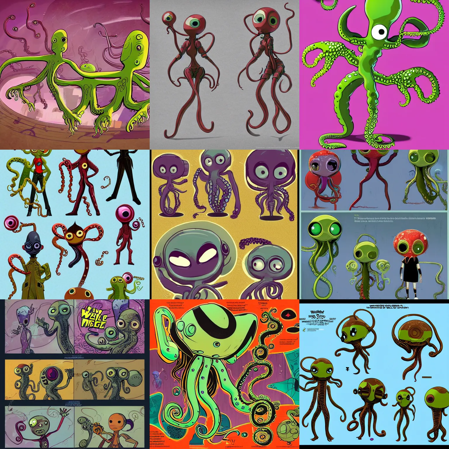 Prompt: vintage friend shaped little alien race with webbed tentacle arms as playable characters design sheets for the newest psychonauts video game made by double fine done by tim shafer that focuses on an ocean setting with help from the artist for the band gorillaz and the artists from odd world inhabitant inc and Lauren faust from her work on dc superhero girls and lead artist Andy Suriano from rise of the teenage mutant ninja turtles on nickelodeon using artistic cues for the game fret nice