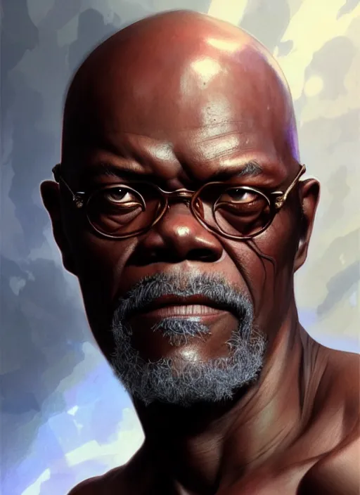 Image similar to Portrait of Samuel L. Jackson, D&D, muscular, fantasy, intricate, elegant, highly detailed, digital painting, artstation, concept art, smooth, sharp focus, illustration, art by artgerm and greg rutkowski and alphonse mucha