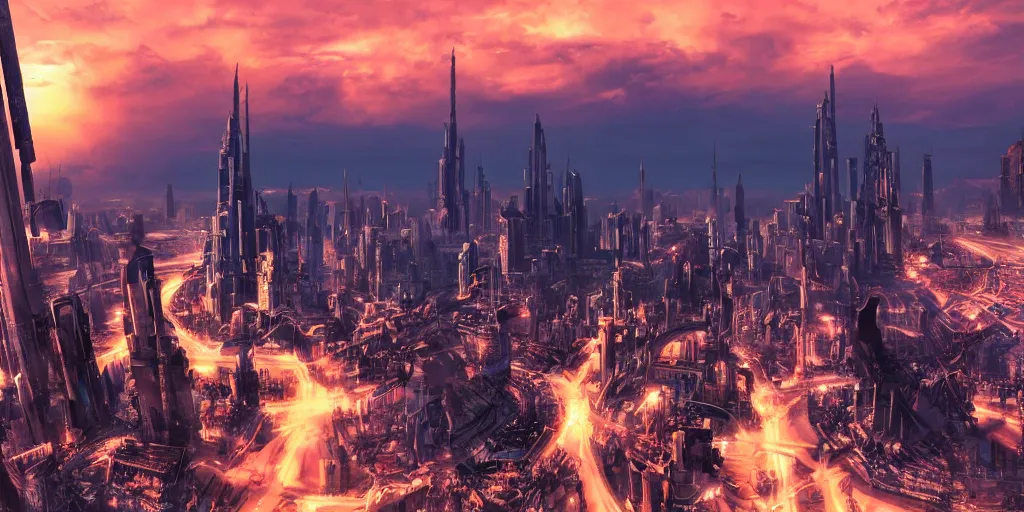 Prompt: sci-fi city landscape sunset, photorealistic, 8k, high detail, high definition,