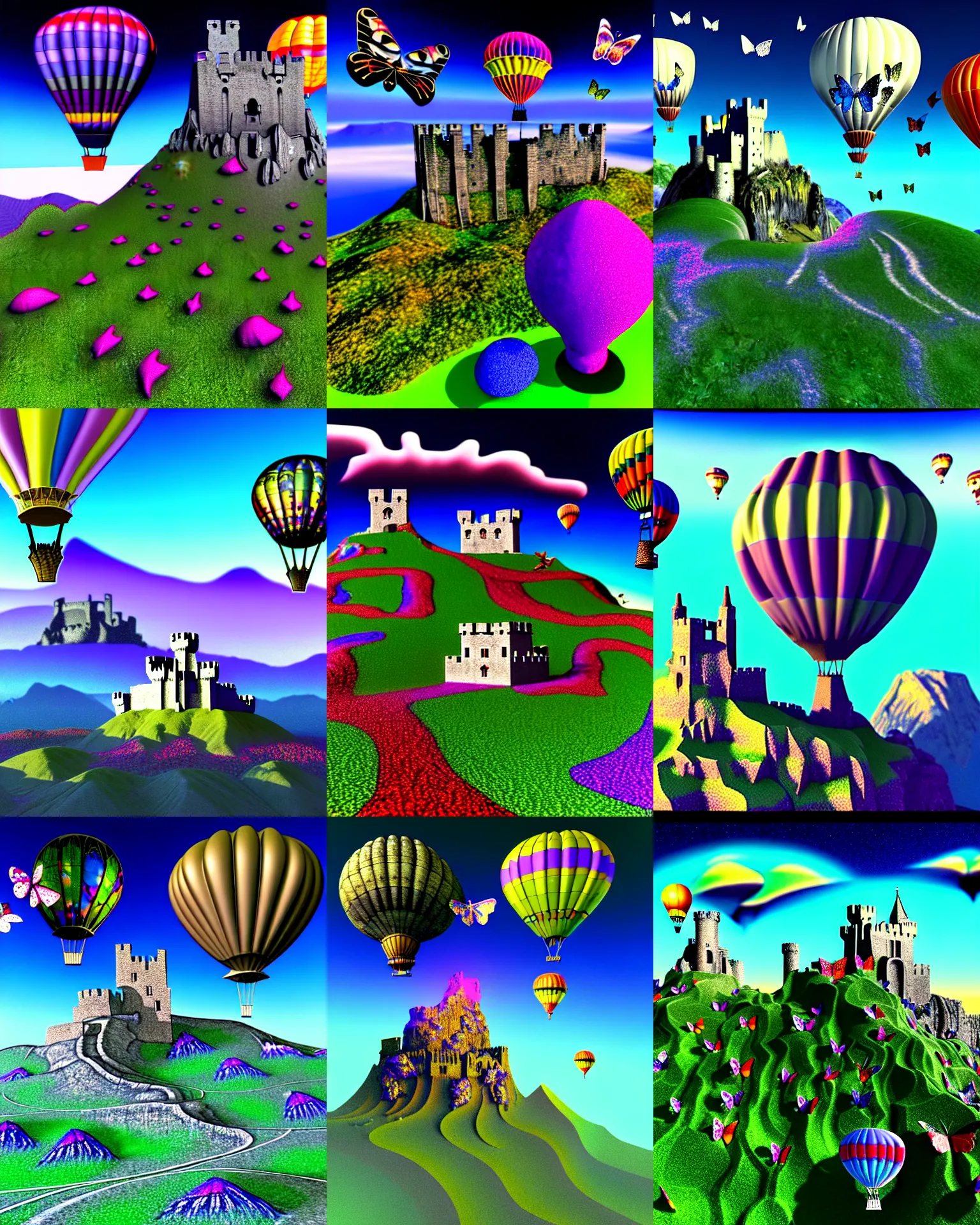 Prompt: 3 d render of cybernetic mountain landscape with castle ruins with angel and single hot air balloon against a psychedelic surreal background with 3 d butterflies and 3 d flowers n the style of 1 9 9 0's cg graphics, lsd psx, 3 d rendered y 2 k aesthetic by ichiro tanida, 3 do magazine, wide shot