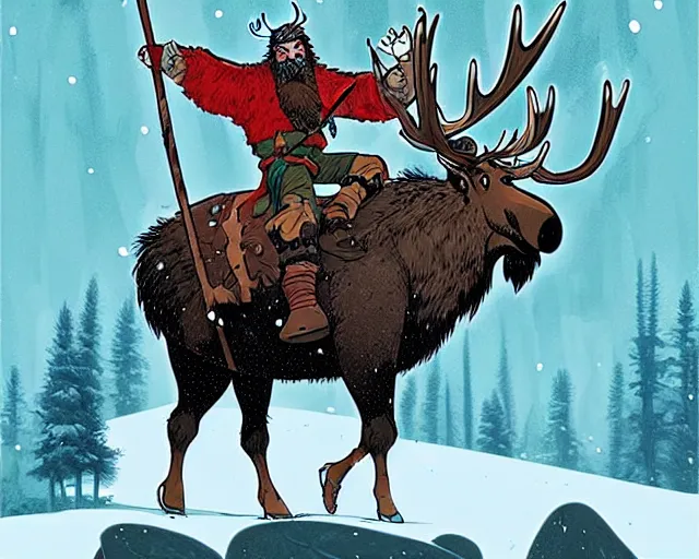 Image similar to cell shaded cartoon of a hairy chebo viking riding a moose, snowy forest, subtle colors, post grunge, concept art by josan gonzales and wlop, by james jean, victo ngai, david rubin, mike mignola, deviantart, art by artgem