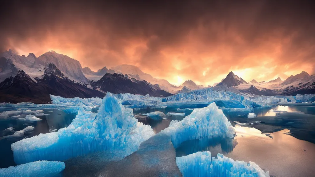 Image similar to amazing landscape photo of a glacier by marc adamus, beautiful dramatic lighting