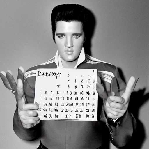 Image similar to Elvis Presley holding up a calendar for August 2022