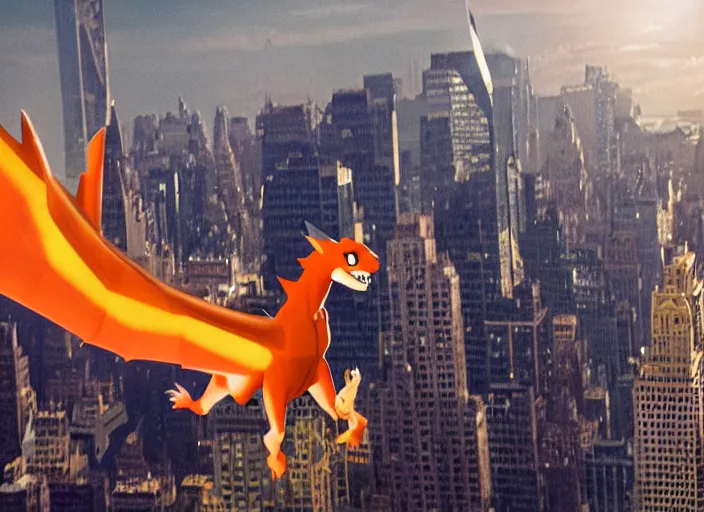 Image similar to charizard flying above new york, film still in the new batman movie, 4 k