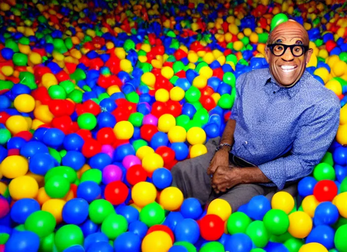 Image similar to photo still of al roker in a ball pit!!!!!!!! at age 4 6 years old 4 6 years of age!!!!!!!! hiding from parents, 8 k, 8 5 mm f 1. 8, studio lighting, rim light, right side key light