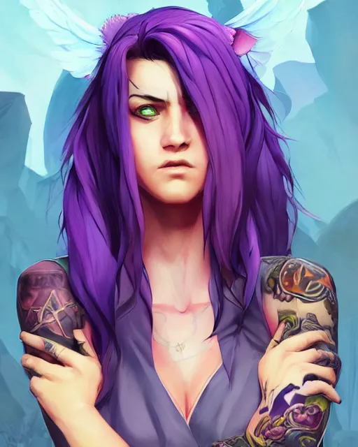 Image similar to beautiful female purple hair tattoo symmetrical face eyes singing full length fantasy art apex fortnite Video game icon, 2d game art gta5 cover , official fanart behance hd artstation by Jesper Ejsing, by RHADS, Makoto Shinkai and Lois van baarle, ilya kuvshinov, rossdraws