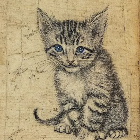 Image similar to a detailed, intricate drawing on parchment with white highlights of a cute kitten on a beach, by albrecht durer