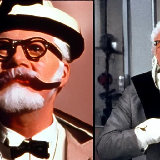 Prompt: Colonel Sanders as a supervillian in a 1980s movie