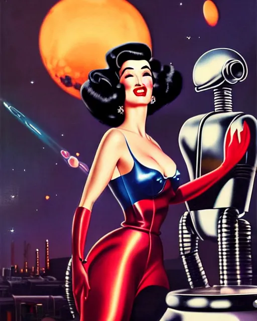 Image similar to closeup beautiful retro space dita von teese posing with a chrome robot in diesel punk city at night, pinup, windblown dark hair, seductive, hyper detailed, digital art, smooth, sharp focus, gil elvgren, anna dittmann alberto vargas, 1 9 5 0, when mars attacks