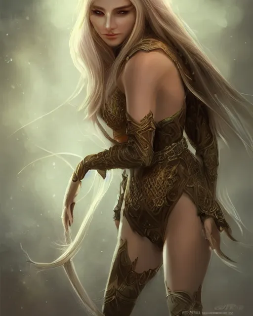 Prompt: beautiful female elf with shimmering hair, symmetrical face and eyes, by Jana Schirmer, cgsocietym Elden Ring